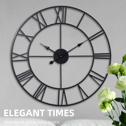 30 Inch Wall Clock for Living Room Decor, Black Roman Numeral | Silent Non Ticking, Battery Operated, Durable Metal Wall Clock for Dinning Room,Entryway,Home Office & Fireplace Decor