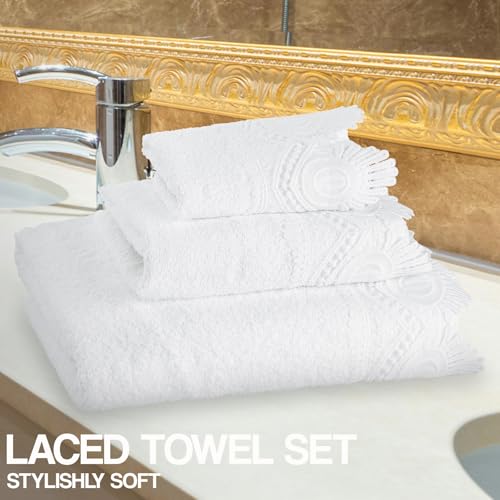 Zahari Home 3 Piece Laced Towel Set - Stylish Soft Plush Cotton Towels with Hand Towel & Washcloth - Highly Absorbent Towels for Bathroom, Gym, Hotel & Spa (Crochet White) - color: Crochet-white