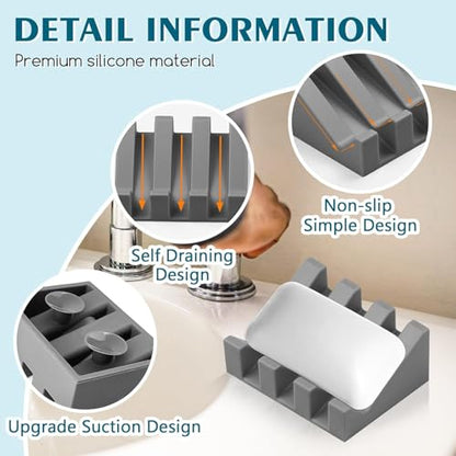Silicone Soap Dish Self Draining with Suction Cups (Gray, 1 Pack) | Waterfall drainage design drains fast to keep soap dry silicone soap saver with reusable suction cups for bathroom & kitchen - color: Gray, size: 1
