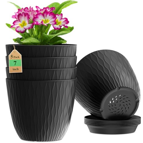 WSMKSZ 7 inch Plant Pots, 5 Pack Flower Pots with Drainage Holes and Saucers for Indoor Plants, Plastic Planters with Water Ripple for Small Garden House Plants, Nursery Pots for Succulent, Black - color: Black, size: 7inch 5pcs