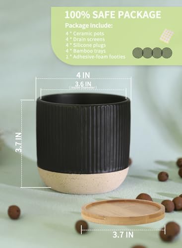 4" Black Ceramic Plant Pots with Drainage Holes & Trays Set of 4 | Vertical Stripes Succulent Pot with Saucer, Small Flower Planter Sets for Indoor Plants, Cactus & Herbs - color: Vertical Stripes - Black