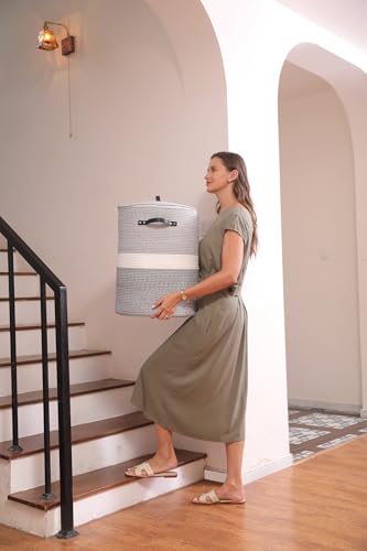 16"x20" Extra Large Cotton Rope Basket with Zipper Lid, Woven Laundry Hamper and Blanket Storage Basket, Round Clothes Bin for Living Room Bedroom, Dual Grey - color: Dual Grey