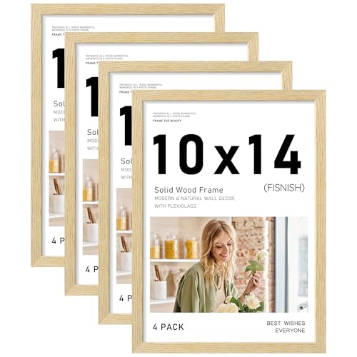 10x14 Picture Frame Set of 4, Natural Solid Wood Frames, Wall Mount | Display 10x14 Photos without Mat, Horizontal or Vertical, Oak Wood Grain - color: Natural, size: 10x14