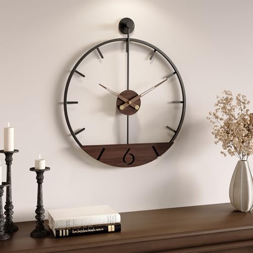 16 Inch Wall Clock, Modern Decorative Clock with Walnut Wood Dial, Silent Non-Ticking Battery Operated Black Metal Frame for Living Room, Kitchen, Office, or Bedroom Wall Decor, Black and Brown - color: Modern Wood Accent, size: 16 Inch