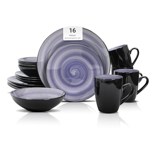 HomeVss, Sonoma Stoneware 16pc Dinnerware Set, Outside Black + Inside Hand Painting Color Cobalt - color: Cobalt