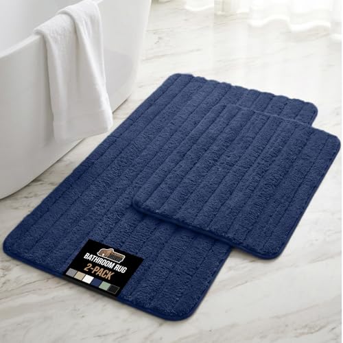 GORILLA GRIP Memory Foam Bathroom Rugs, Soft Absorbent Textured Rubber Backing Striped Bath Mat, Set of 2 Machine Washable Quick Dry Floor Mats, Shower Rugs Home Accessories, Navy 24x16 and 30x18 - color: Navy, size: 24" X 16" + 30" X 18"