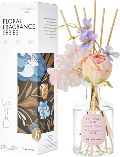 Chloefu Lan Premium Reéd Diffuser Set with Pink & Purple Flowers Reéd Diffuser Sticks Sandalwood Rose | 6.7oz Scent Fragrance Oil Diffuser for Bedroom Bathroom Home Shelf Décor - color: Sandalwood Rose