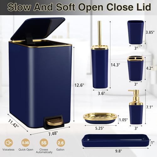 XLHOMO Navy Blue Bathroom Accessories Set 8 Piece Navy Blue and Gold Bathroom Set, Bathroom Sets with Stainless Steel Trash Can,Toilet Brush,Toothbrush Set,Soap Dispenser - size: Navy blue, style: Bath Set