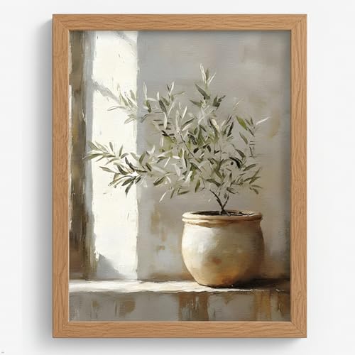 Olive Tree Wall Art Framed Canvas – Vintage Botanical Plant Painting, Rustic Farmhouse Kitchen Wall Decor Neutral Olive Branch Artwork with Solid Wood Frame Ready to Hang 12x16inch - color: ganlanshu, size: 16"L x 12"W