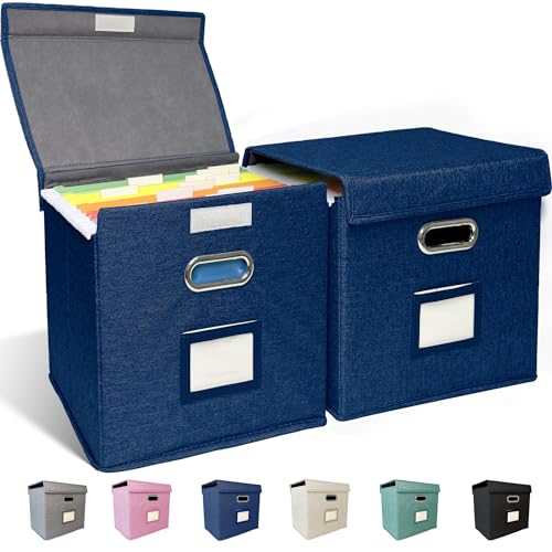 2 Pack Hanging File Folder Box with Lid, Durable Letter Size Filing Storage Box, Sturdy File Holder with Cardboard Support PVC Rails for Office Home Organizer, Blue - color: Blue