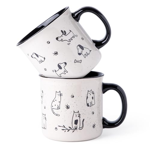 AmorArc 22 OZ Large Ceramic Coffee Mugs Set of 2, Oversized Mugs With Big Handle for Men Women Dad Mom, Big Mug With Textured Dogs Cats Patterns for Office & Home -Microwave Safe, 2 Pcs-Black - color: Black
