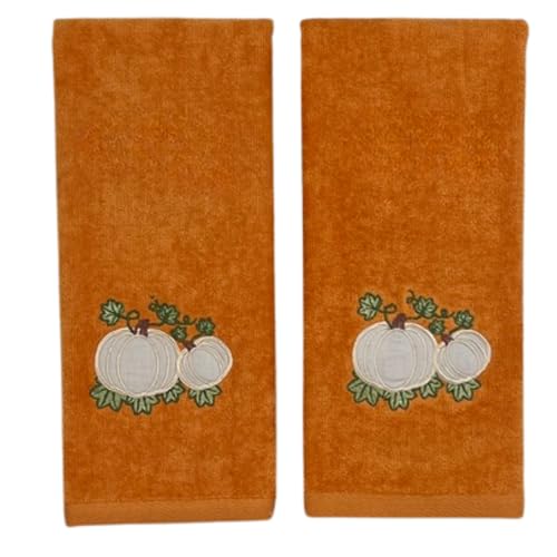 Fall Rust Bathroom Guest Hand Towels, Embroidered Pumpkin Leaf, 16x25 " | Set of 2, 100% Cotton Velour, Autumn Farmhouse Decor for Bath or Kitchen, Perfect for Parties & Gifts - color: Rust Pumpkins