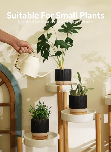 4" Black Ceramic Plant Pots with Drainage Holes & Trays Set of 4 | Vertical Stripes Succulent Pot with Saucer, Small Flower Planter Sets for Indoor Plants, Cactus & Herbs - color: Vertical Stripes - Black