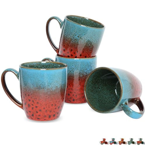 Bosmarlin Ceramic Coffee Mug Set of 4, 17 Oz, Coffee Cups with Big Handle, Microwave Safe, Unique Reactive Glaze (Blue&Red) - color: Blue&Red