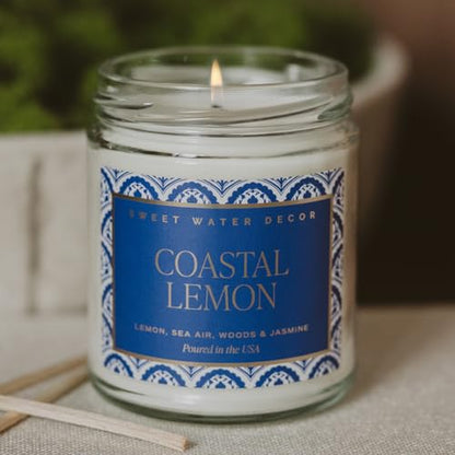 Sweet Water Decor Coastal Lemon Non Toxic Candle – Soy Candle with Lemon, Sea Salt, Woods, Jasmine Aroma – 40 Hour Burn – 9oz Clear Glass Jar – Fresh Mediterranean Home Fragrance - style: Coastal Lemon