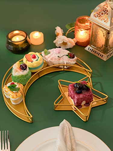 2PCS Ramadan Serving Trays Decorations for Home - Moon Star Shaped Eid Mubarak Table Decor Gifts, Islam Muslim Al-Fitr Iftar Party Crescent Iron Platters Dishes (Hollowed-Out) - style: Hollowed-out