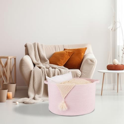 XUANGUO Extra Large Cotton Rope Round Storage Basket 22" x 14" Pink | Woven basket for blankets, toys, towels, laundry, nursery, living room and pet toy storage. - color: pink