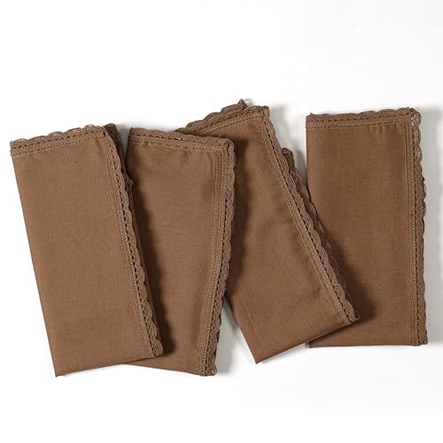 Ramanta Home Brown Linen Flax Cloth Napkins Set of 4, 18x18 Inches | Flax Lace Cotton Linen Reusable Decorative Scalloped Dinner Napkins with Mitered Corners for Weddings, Everyday Use - color: Brown, size: 18" x 18" (Set of 4)