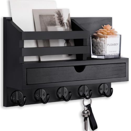 Key Holder Wall Mount, Mail Holder with Storage Drawer and 5 Key Hooks for Coat, Dog Leash, Home Decor Rack, House Accessories, Entry Way Organizer - color: Black, size: Standard - 11.8 Inch