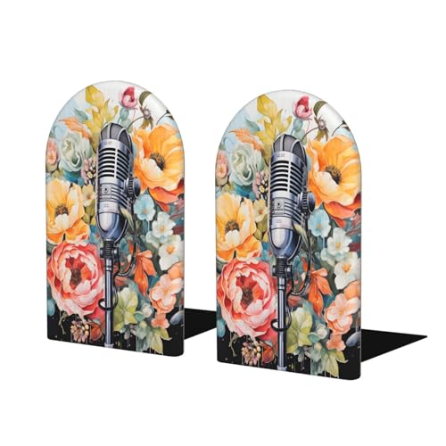 Microphone Floral Wooden Bookends for Shelves Decorative Book Ends Universal Book Organizer Holder for Office, Heavy Books, Vinyl Records - color: Microphone Floral