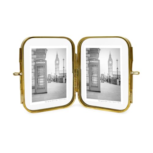 Isaac Jacobs 2x3 Gold Double-Sided Metal Floating Photo Frame w/ClaspLock | Double-Sided Round-Edged Brass & Glass Metal Floating Picture Frame Locket Closure (Vertical), Tabletop (2x3, Antique Gold) - color: Antique Gold, size: 2x3