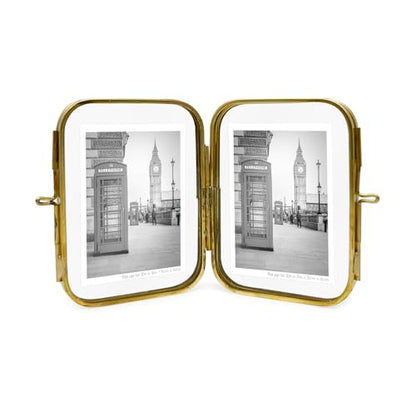 Isaac Jacobs 2x3 Gold Double-Sided Metal Floating Photo Frame w/ClaspLock | Double-Sided Round-Edged Brass & Glass Metal Floating Picture Frame Locket Closure (Vertical), Tabletop (2x3, Antique Gold) - color: Antique Gold, size: 2x3
