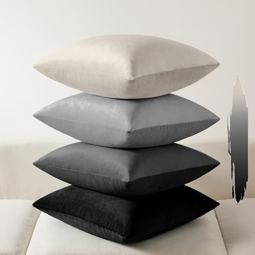 Softalker Velvet Throw Pillow Covers 16x16 Set of 4, Luxury Soft Plush Decorative Pillow Cases, Rich Texture Neutral Modern Cushion Covers for Sofa Couch Bed Home Decor Living Room -Black Gradient - color: Velvet Gray Black, size: 16" x 16" (Pack of 4)