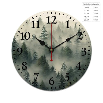 Nature Pine Trees Scenic Foggy Mountain Wooden Wall Clock - Watercolor Misty Plants Smokey Green Modern Wood Clock - Quality Quartz Non-Ticking 12 Inch Round - color: Pattern-6, size: 12 Inch