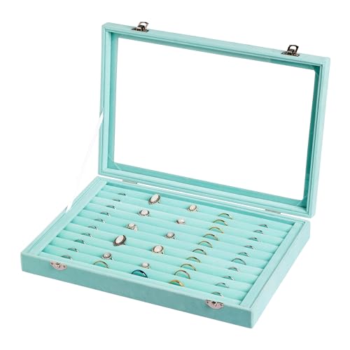 10 Slots Ring Organizer Tray,Velvet Ring Box with Clear Lid | Velvet Lining,Fits Various Rings and Stud,Glass Lid,Dustproof Design,for Personal Use and Jewelry Display,for Women Girls - color: Turquoise, size: 10 Slots