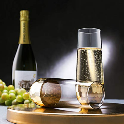 MyGift Modern Stemless Champagne Flute Glass Set of 4 Party Drinkware, Cocktails Prosecco Mimosa Glasses with Hammered Brass Plated Bottoms - color: Brass
