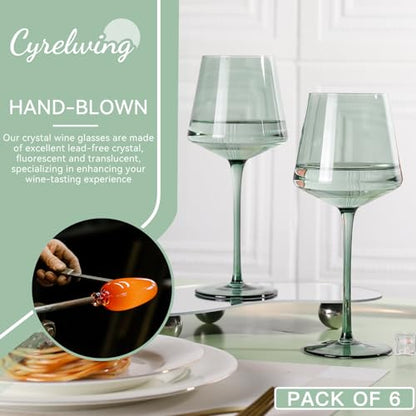 Green Wine Glasses Set of 6,18oz green Wine Glassware Gift Set for Wife & Mom-Colorful Hand Blown Glass Drinkware for Red White Wine - color: Green