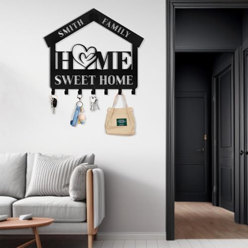 Personalized Key Holder for Wall - Custom Name Sweet Home Key Rack, Wall Mount Coat Rack, Hanger for Bedroom Entryway, Housewarming Gifts - color: 06 Home