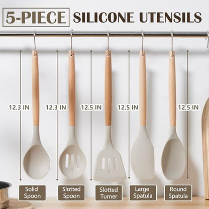 E-far Silicone Cooking Utensils Set, 5-Piece Kitchen Utensils Set with Wooden Handle for Cooking, Silicone Kitchen Nonstick Tools Spatula Turner Slotted Spoons, Nontoxic & Heat Resistant-Khaki - color: Khaki, size: 5