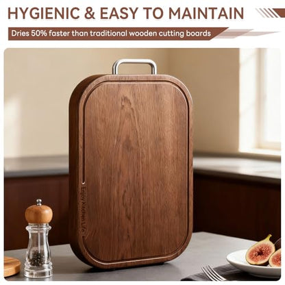 Wood Cutting Board for Kitchen, 14.5"×9.5"×1", Natural Ebony Wood | Double-Sided with Juice Groove, Non-Slip Feet, For Meat, Vegetables, Fruit, One-Piece Solid Construction