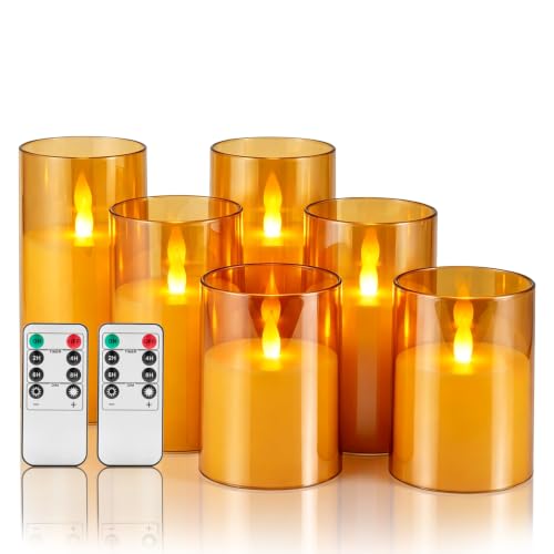 Flameless Candles with Remote, Set of 6 LED Pillar Candles (3" D x 4" 5" 6" H), Realistic Climbing Flame Battery Powered Candles for Home Wedding Christmas (Amber Ivory) - color: Amber, size: 6 Pack