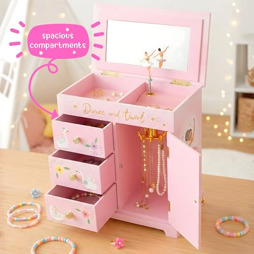 Giggle & Honey® Ballerina Musical Jewelry Box for Girls | Ballerina Toys for Girls Age 4-6 Kids Jewelry Box with Drawers, Toddler Jewelry Box for Little Girls - style: Twirling Ballerina