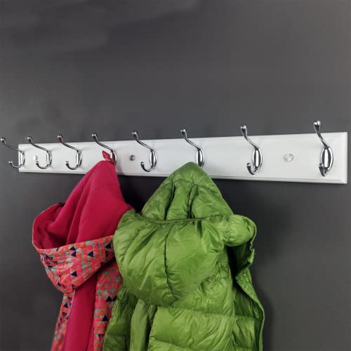 Wooden Wall Mounted Coat Rack – 31 Inch, White with 8 Silver Hooks for Entryway, Hallway, Bedroom - size: Long-31.5in(80cm),8 Silver Hooks, style: Modern