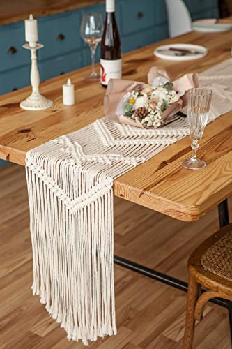 Mkono Macrame Table Runner, 100 Inches Boho Woven Dining Decor with Tassels | Handmade Soft Crochet Cotton, Farmhouse Home Placemat, Fits 78-90 Inch Table, Great for Thanksgiving Christmas Party Wedding