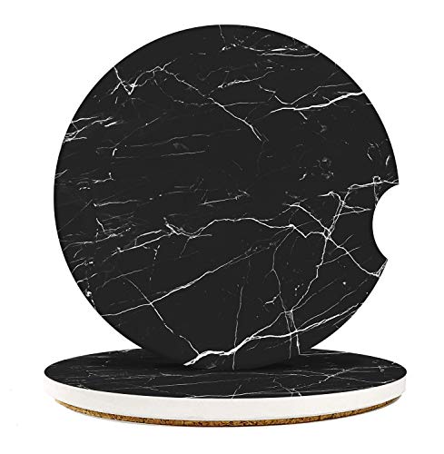Black Car Coasters for Drinks, 2 Pcs Ceramic Stone 2.56" | Marble Crackle Absorbent Non-Scratch Cork Base Cupholder Auto Accessories for Women Men - color: Crackle Marble