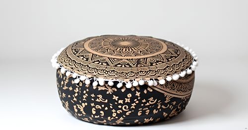 CK 18 Inch Round Black Gold Mandala Floor Cushion Cover, Orange Bohemian Pouf Cover, Cotton Ottoman Floor Pillow Cover, Decorative Meditation Yoga Cushion Case for Living Room, Home Decor (Cover Only) - color: Black Gold, size: 18"D x 18"W x 5"H