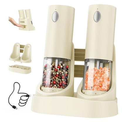 CIRCLE JOY Electric Salt and Pepper Grinder Set Automatic Salt and Pepper Grinder Set with Easy-to-Carry Charging Base and LED Light, USB Rechargeable, External Adjustable Coarseness, Light Yellow - color: Beige