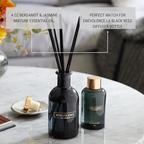 Benevolence LA Bergamot & Jasmine Reed Diffuser Oil Refill – 4 oz Long-Lasting Essential Oil Refill for Home Fragrance Diffusers – Compatible with Benevolence LA Black Reed Diffusers - size: 4.00 oz