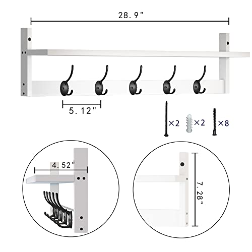 AMBIRD Wall Hooks with Shelf | Entryway Hanging Wood Coat Hooks | Wall-Mounted Rack with 5 Dual Hooks | Bathroom, Living Room, Bedroom (Modern). - size: 28.9inch, style: Modern White