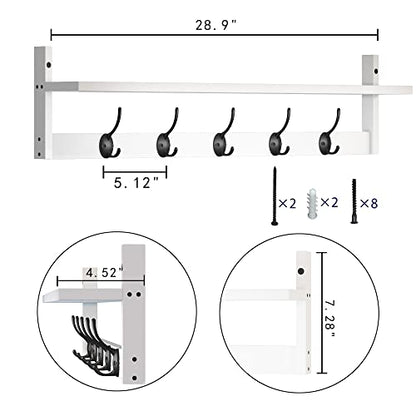 AMBIRD Wall Hooks with Shelf | Entryway Hanging Wood Coat Hooks | Wall-Mounted Rack with 5 Dual Hooks | Bathroom, Living Room, Bedroom (Modern). - size: 28.9inch, style: Modern White