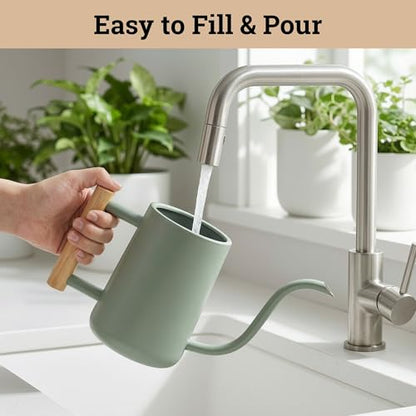 Metal Small Indoor Watering Can with Long Spout & Real Wood Handle, 35oz | Long Spout, Stainless Steel, Real Wood Handle, Gentle Flow, No Spills, Suitable for House Plants, Succulents & Seedlings - color: Sage Green