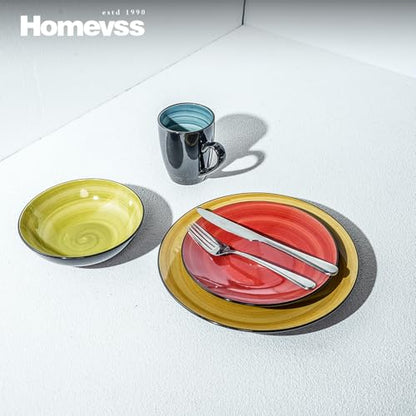 HomeVss Sonoma 16 Piece Stoneware Dinner Set, Outside Black + Inside Handpainted Mixed Colors Blue, Green, Red, Yellow with speckle - color: Combi Blue, Green, Red, Yellow