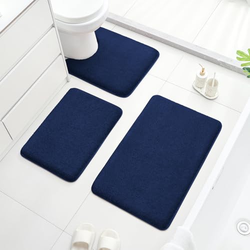 HOMEIDEAS Upgraded Bathroom Rugs Set 3 Piece, Ultra Soft Memory Foam Bath Mats, Super Absorbent Non Slip Washable U-Shaped Toilet Bath Rug (Navy Blue, 17"x24"+20"x32"+U-Shaped 20"x24") - color: Navy Blue