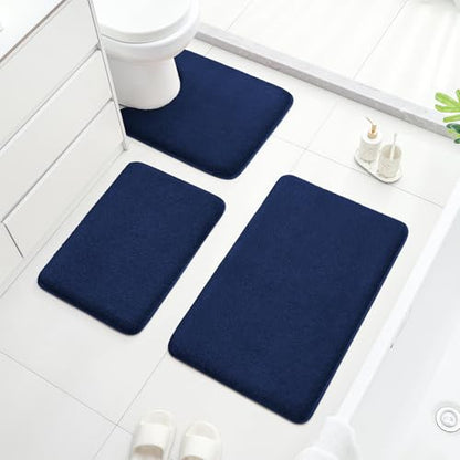 HOMEIDEAS Upgraded Bathroom Rugs Set 3 Piece, Ultra Soft Memory Foam Bath Mats, Super Absorbent Non Slip Washable U-Shaped Toilet Bath Rug (Navy Blue, 17"x24"+20"x32"+U-Shaped 20"x24") - color: Navy Blue