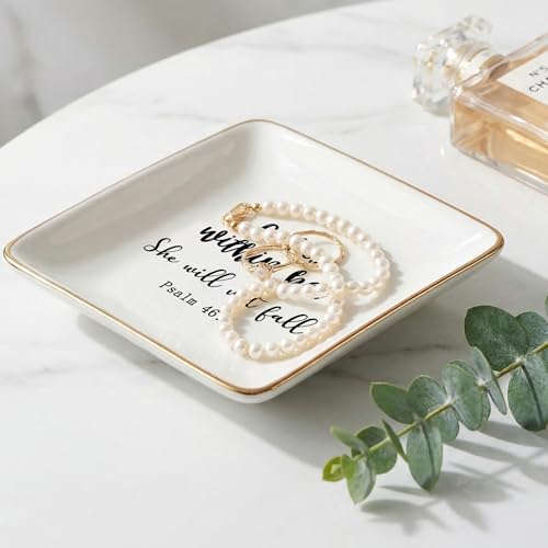Christian Jewelry Dish Tray, God Is Within Her Bible Verse Ceramic Jewelry Tray for Rings Earring Bracelet Necklace, Christian Gifts for Women, Religious Gifts Trinket Dish for Women