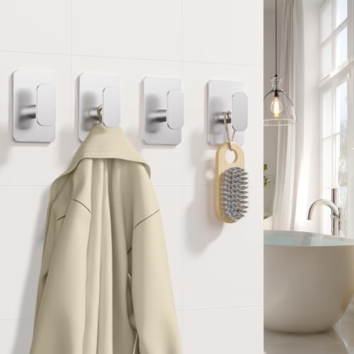 Large Heavy Duty Wall Hooks - 26lb Max, Stainless Steel Adhesive Towel Hooks for Hanging Towel, Coat, Robe, Hat, Sticky Towel Holder for Wall Mount in Bathroom, Shower, Kitchen(Silver, 4 Pack) - color: Silver-4
